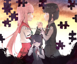Rule 34 | 3girls, aqua ribbon, black dress, black hair, black sleeves, blunt bangs, braid, clenched teeth, closed mouth, collared shirt, crying, crying with eyes open, double bun, dress, from side, grey shirt, hair bun, hair ribbon, hand on own chest, highres, holding hands, kamihama university affiliated school uniform, kuroe (madoka magica), layered sleeves, long hair, long sleeves, looking at another, looking at viewer, low ponytail, magia record: mahou shoujo madoka magica gaiden, mahou shoujo madoka magica, multiple girls, neck ribbon, open mouth, parted lips, pink eyes, pink hair, pink ribbon, plaid, plaid skirt, pleated dress, profile, purple eyes, puzzle piece, red sailor collar, red skirt, ribbon, rubbing eyes, sailor collar, sailor shirt, school uniform, serafuku, shirt, short hair, short over long sleeves, short sleeves, side braids, sidelocks, skirt, sleeveless, sleeveless dress, straight-on, sunset, swept bangs, swkanon0419, tamaki iroha, tears, teeth, twin braids, upper body, very long hair