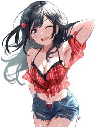 Rule 34 | 1girl, ;d, arm behind head, black hair, borgbutler, breasts, cleavage, denim, denim shorts, grey eyes, hair ornament, halterneck, highres, large breasts, long hair, looking at viewer, love live!, love live! nijigasaki high school idol club, navel, one eye closed, one side up, open clothes, open mouth, open shorts, shorts, smile, solo, unaligned breasts, upper body, white background, yuki setsuna (love live!)
