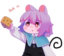 Rule 34 | 1girl, animal ears, arm up, blue capelet, bright pupils, capelet, cheese, chibi, commentary, english commentary, english text, food, grey hair, highres, holding, holding food, jewelry, long sleeves, mouse ears, nazrin, necklace, nets (netsabyss), outstretched arm, parted lips, pendant, red eyes, shirt, short hair, simple background, solo, tail, touhou, upper body, white background, white pupils, white shirt