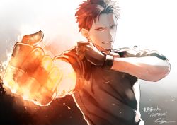 Rule 34 | 1boy, clenched hand, earrings, fingerless gloves, fire, gloves, gradient background, grin, jewelry, looking at viewer, male focus, orange hair, otani (gloria), red eyes, ring, shirt, smile, solo, t-shirt, tokyo itan shinmon, upper body, wristband