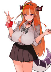 Rule 34 | 1girl, ahoge, alternate costume, black skirt, blonde hair, blunt bangs, bow, bowtie, breasts, choker, cleavage, collared shirt, dismassd, dragon girl, dragon horns, dragon tail, grin, highres, hololive, horns, kiryu coco, large breasts, long hair, looking at viewer, orange hair, parted lips, pleated skirt, pointy ears, red eyes, shirt, short sleeves, simple background, skirt, smile, solo, tail, teeth, v, virtual youtuber, white background, white shirt