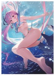 Rule 34 | 1girl, absurdres, ahoge, ass, bare arms, bare legs, barefoot, bikini, colored inner hair, fish, full body, gaou (umaiyo puyoman), highres, hololive, long hair, minato aqua, multicolored hair, nail polish, purple eyes, purple hair, scan, striped bikini, striped clothes, submerged, swimming, swimsuit, thighs, toes, twintails, two-tone hair, underwater, virtual youtuber