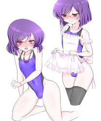Rule 34 | 1boy, absurdres, apron, blush, bulge, competition swimsuit, crossdressing, gundam, gundam 00, highres, jittorip, male focus, one-piece swimsuit, purple hair, red eyes, short hair, solo, swimsuit, thighhighs, tieria erde, trap, white background