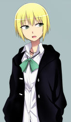 Rule 34 | 1girl, :d, androgynous, blonde hair, bow, earrings, fang, flat chest, green eyes, grey background, hands in pockets, high collar, jacket, jewelry, kon futaba, kumadano, looking away, necklace, open clothes, open jacket, open mouth, school uniform, shirt, short hair, simple background, smile, solo, soredemo machi wa mawatteiru, upper body