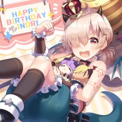 Rule 34 | 1girl, absurdres, ahoge, bad id, bad pixiv id, bandaid, bandaid on knee, bandaid on leg, bare shoulders, black footwear, black socks, blue shorts, boots, brown hair, character doll, character name, commentary request, crossed bandaids, crown, dated, dragon girl, dragon horns, dragon tail, dragon wings, eyebrows hidden by hair, feet out of frame, frilled shorts, frills, hair over one eye, hand up, happy birthday, highres, horns, ichiren namiro, index finger raised, inori (princess connect!), kneehighs, long hair, looking at viewer, low twintails, mini crown, princess connect!, puffy shorts, red eyes, shorts, socks, solo, tail, tilted headwear, twintails, white wings, wings
