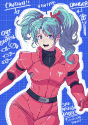 Rule 34 | 1girl, blue hair, butcherboy, char&#039;s counterattack, english text, fangs, flat chest, gloves, grid, gundam, hair behind ear, looking at viewer, open mouth, pilot suit, purple eyes, quess paraya, red gloves, smile, solo, twintails, uneven twintails
