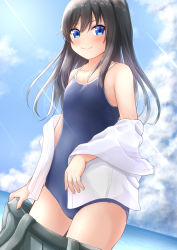 Rule 34 | &gt;:), 1girl, asashio (kancolle), bare arms, bare shoulders, black hair, black one-piece swimsuit, blue eyes, blush, closed mouth, cloud, cloudy sky, collarbone, comiching, competition school swimsuit, day, grey skirt, hair between eyes, highres, jacket, kantai collection, long hair, ocean, one-piece swimsuit, pleated skirt, school swimsuit, skirt, sky, smile, solo, suspender skirt, suspenders, swimsuit, v-shaped eyebrows, white jacket