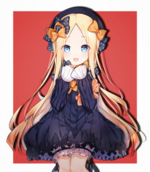 Rule 34 | 1girl, :d, abigail williams (fate), black bow, black dress, black hat, blonde hair, bloomers, blue eyes, blush, bow, bug, butterfly, commentary request, dress, fate/grand order, fate (series), forehead, hair bow, hands up, hat, hugging object, insect, long hair, long sleeves, looking at viewer, open mouth, orange bow, parted bangs, polka dot, polka dot bow, red background, sleeves past wrists, smile, solo, stuffed animal, stuffed toy, teddy bear, tengxiang lingnai, two-tone background, underwear, very long hair, white background, white bloomers