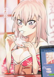 Rule 34 | 10s, 1girl, alternate costume, bare shoulders, blurry, blurry background, blurry foreground, blush, breasts, cellphone, cleavage, closed mouth, collarbone, commentary, depth of field, eating, floral print, food, girls und panzer, highres, holding, holding food, itsumi erika, japanese clothes, kimono, long hair, long sleeves, medium breasts, mochi, off shoulder, phone, print kimono, red kimono, saku (saku1151), smartphone, smile, solo, translated, upper body, wagashi, wide sleeves