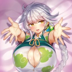 Rule 34 | 1girl, bad id, bad pixiv id, braid, breasts, brown eyes, cleavage, commentary request, huge breasts, kantai collection, long hair, looking at viewer, lying, on back, open mouth, pokoten (pokoten718), raised eyebrows, reaching, reaching towards viewer, silver hair, single braid, smile, solo, unryuu (kancolle), upper body
