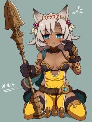 Rule 34 | 10s, 1girl, animal ears, animal hands, armlet, bare shoulders, belt, blue eyes, blush, cat ears, cat paws, character name, dark-skinned female, dark skin, erune, fang, feathers, flower, fur trim, granblue fantasy, grey hair, hair flower, hair ornament, haniwagi (hal), looking at viewer, melleau, open mouth, polearm, sitting, solo, spear, thighhighs, wariza, weapon