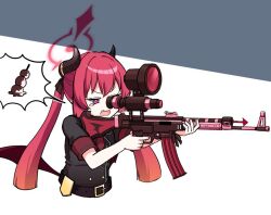 Rule 34 | 1girl, belt, black belt, black shirt, blue archive, commentary, curled horns, dango, demon girl, demon horns, fang, food, grey background, gun, hair between eyes, halo, hands up, holding, holding gun, holding weapon, horns, junko (blue archive), long hair, nanju bami, open mouth, red eyes, red hair, red halo, rifle, shirt, short sleeves, simple background, solo, speech bubble, straight hair, tears, twintails, two-tone background, upper body, v-shaped eyebrows, very long hair, wagashi, wavy mouth, weapon, white background