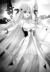 Rule 34 | 1girl, breasts, greyscale, highres, large breasts, long hair, monochrome, non-web source, novel illustration, official art, open mouth, ou-sama no propose, smile, solo, tsunako, very long hair