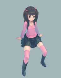 Rule 34 | 1girl, black footwear, black skirt, boots, brown hair, expressionless, flat chest, full body, green eyes, grey background, hair bobbles, hair ornament, long hair, long sleeves, looking at viewer, original, pink thighhighs, pleated skirt, simple background, sitting, skirt, solo, thighhighs, twintails, weno