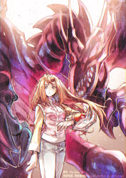 Rule 34 | 1girl, absurdres, artist name, breasts, brown eyes, brown hair, chinese text, closed mouth, commentary, cowboy shot, dragon, duel disk, english text, eyebrows, highres, kawai shizuka, legs together, long hair, long sleeves, looking at viewer, open mouth, pants, red-eyes black dragon, red eyes, sharp teeth, shirt, solo, sparkle, standing, sugomori tsuru (hana tsuru wo), teeth, vest, white pants, yu-gi-oh!, yu-gi-oh! duel monsters