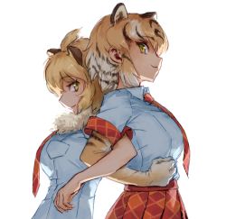 Rule 34 | 2girls, animal ears, back-to-back, blonde hair, bow, bowtie, elbow gloves, fur collar, gloves, height difference, highres, kemono friends, lion (kemono friends), lion ears, locked arms, multicolored hair, multiple girls, short hair, short sleeves, simple background, skirt, tiger (kemono friends), tiger ears, treeware, white background