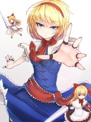 Rule 34 | 1girl, alice margatroid, arm up, blonde hair, blue dress, blue eyes, blue nails, book, boots, breasts, capelet, closed mouth, commentary request, cross-laced clothes, cross-laced dress, doll, dress, expressionless, eyelashes, eyes visible through hair, feet out of frame, floating, frilled dress, frills, gradient background, grey background, hair between eyes, hairband, highres, hourai doll, jewelry, lance, lolita hairband, looking at viewer, medium breasts, nail polish, outstretched arm, polearm, puppet rings, puppet strings, red hairband, red sash, ring, sash, senzaicha kasukadoki, shanghai doll, shirt, short hair, simple background, smile, solo, standing, string, touhou, weapon, white background, white capelet, white shirt
