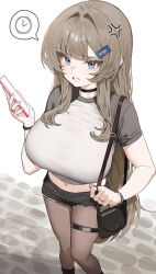 1girl absurdres anger_vein bag black_choker black_pantyhose black_shorts blue_eyes bracelet breasts brown_hair cellphone character_request choker clenched_teeth clock feet_out_of_frame from_above hair_intakes hair_ornament hairclip handbag highres holding holding_phone jewelry large_breasts long_hair midriff_peek mochirong navel original pantyhose phone shirt short_shorts short_sleeves shorts smartphone solo standing t-shirt teeth thick_thighs thighs