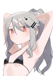 Rule 34 | 1girl, agoshi sakina, armpits, arms behind head, arms up, bikini, black bikini, blush, breasts, closed mouth, commentary request, expressionless, fish hair ornament, grey hair, hair between eyes, hair ornament, hairclip, highres, long hair, looking at viewer, null-meta, red eyes, ribs, sidelocks, small breasts, sofa (enogunomu), solo, swimsuit, upper body, wavy hair, white background