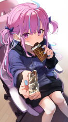 Rule 34 | 1girl, ahoge, blue hair, blue hoodie, blue nails, blue ribbon, blush, candy, chair, character print, chocolate, chocolate bar, commentary request, eating, eyes visible through hair, feet out of frame, food, gaming chair, hair ribbon, highres, holding, holding food, hololive, hood, hoodie, incoming food, knees together feet apart, long hair, long sleeves, looking at viewer, minato aqua, multicolored hair, nail polish, neko (minato aqua), purple eyes, purple hair, ribbon, sidelocks, sitting, solo, summer tail720, swivel chair, two-tone hair, two side up, very long hair, virtual youtuber
