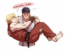 Rule 34 | 2boys, bara, black hair, blonde hair, blush, blush stickers, capcom, carrying, cropped legs, dougi, flustered, headband, ken masters, large pectorals, male focus, multiple boys, muscular, muscular male, pectorals, princess carry, puckered lips, ryu (street fighter), short hair, street fighter, translation request, yaoi, yuiofire