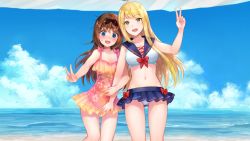 Rule 34 | 2girls, @ @, ahoge, bare arms, bare legs, beach, bikini, bikini bottom only, blonde hair, blue eyes, blush, breasts, brown hair, cleavage, cloud, cowboy shot, day, embarrassed, flat chest, frills, green eyes, groin, hair over shoulder, hand up, happy, kogado, legs, long hair, looking at viewer, medium breasts, miniskirt, multiple girls, navel, ocean, one-piece swimsuit, open mouth, otori ai, outdoors, red ribbon, ribbon, skirt, sky, smile, standing, swimsuit, tachibana nana, thigh gap, thighs, v, water, yumeututu re： master