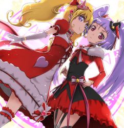 Rule 34 | 2girls, asahina mirai, bad id, bad pixiv id, black hat, blonde hair, bow, bracelet, choker, cure magical, cure magical (ruby style), cure magical ruby style, cure miracle, cure miracle (ruby style), cure miracle ruby style, elbow gloves, frills, gloves, hair bow, hat, heart, izayoi liko, jewelry, long hair, looking at viewer, magical girl, mahou girls precure!, mini hat, mini witch hat, multiple girls, pink eyes, pink hat, precure, purple eyes, purple hair, riko (mahou girls precure!), skirt, smile, tea (nakenashi), thighhighs, twintails, white gloves, white legwear, witch hat