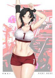 Rule 34 | &gt;:), 1girl, armpits, arms up, black hair, blush, breasts, character name, closed eyes, closed mouth, clothes writing, commentary, copyright name, cowboy shot, dolphin shorts, elbow pads, english commentary, facing viewer, highres, large breasts, lulu-chan92, navel, red shorts, ruby rose, rwby, short hair, short shorts, shorts, smile, solo, sports bra, stomach, stretching, sweatband, toned, treadmill
