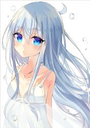 Rule 34 | 1girl, bag, blue eyes, breasts, collarbone, floating hair, hair between eyes, hibiki (kancolle), kantai collection, long hair, silver hair, simple background, sleeveless, small breasts, solo, timins, upper body, very long hair, white background