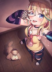 Rule 34 | 1girl, adapted costume, belt, black nails, blonde hair, blue eyes, brown belt, bubba (watson amelia), clock necklace, deerstalker, detached sleeves, dog, fishnet gloves, fishnets, from above, gloves, hair ornament, hat, highres, hololive, hololive english, jewelry, kiirokuma, looking at viewer, multicolored hair, nail polish, necklace, necktie, reaching, reaching towards viewer, shadow, shirt, shoes, skirt, sleeveless, sleeveless shirt, sneakers, streaked hair, striped sleeves, syringe, tail, tail wagging, tongue, tongue out, virtual youtuber, watch, watson amelia, wooden floor, yellow shirt