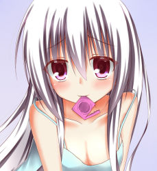 Rule 34 | 1girl, blush, collarbone, condom, condom in mouth, condom wrapper, esureki, gradient background, long hair, looking at viewer, mouth hold, original, purple eyes, silver hair, smile, solo