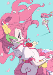 Rule 34 | 2girls, back bow, blue background, bow, cacao (99chocolove99), commentary request, cure grace, cure star, dress, earrings, flower, gloves, hair bun, hair flower, hair ornament, hanadera nodoka, healin&#039; good precure, heart, heart hair ornament, hoshina hikaru, jewelry, long hair, looking at viewer, magical girl, multiple girls, petals, pink dress, pink eyes, pink hair, pink legwear, precure, profile, red flower, red rose, rose, simple background, single hair bun, single thighhigh, star twinkle precure, thighhighs, twintails, white gloves