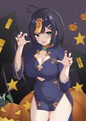 Rule 34 | 1girl, absurdres, black hair, breasts, cleavage, cleavage cutout, clothing cutout, cowboy shot, dress, green eyes, halloween, hands up, highres, large breasts, looking at viewer, maiduo, open mouth, pelvic curtain, pumpkin, red nails, sengluo sang, sharp teeth, short dress, short hair, smile, solo, standing, teeth, zombie