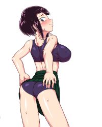 Rule 34 | 10s, 1girl, alternate breast size, ass, back, bare shoulders, bike shorts, blush, boku no hero academia, breasts, crop top, earplugs, from behind, hand on own hip, jirou kyouka, kitsune-tsuki (getter), large breasts, looking back, midriff, navel, nervous, purple eyes, purple hair, short hair, shorts, shorts under skirt, solo, sweat