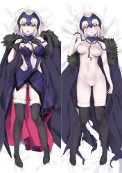 Rule 34 | 1girl, absurdres, ahoge, black gloves, black panties, black thighhighs, blush, breasts, cameltoe, cape, unworn cape, censored, chain, dakimakura (medium), dress, elbow gloves, fate/grand order, fate (series), full body, fur trim, gloves, gluteal fold, headpiece, heart, heart censor, highres, jeanne d&#039;arc (fate), jeanne d&#039;arc alter (avenger) (fate), jeanne d&#039;arc alter (fate), large breasts, lying, multiple views, naked cape, navel, nipples, nude, o-ring, on back, open mouth, pale skin, panties, platinum blonde hair, purple dress, short hair, single elbow glove, smile, thighhighs, tsurusaki takahiro, underwear, wavy mouth, yellow eyes
