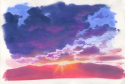 Rule 34 | border, cloud, cloudy sky, highres, light rays, no humans, original, purple sky, sawitou mizuki, scenery, sky, sun, sunrise, traditional media, white border