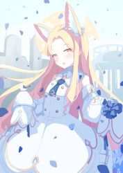 Rule 34 | animal ears, bird, blonde hair, blue archive, cross halo, dress, falling petals, forehead, fox ears, halo, highres, long-tailed tit, long hair, necktie, open mouth, parted bangs, petals, seia (blue archive), short necktie, sleeve bow, sleeveless, sleeveless dress, sleeves past fingers, sleeves past wrists, tit (bird), very long hair, white bird, white dress, wizkey, yellow eyes