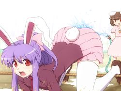Rule 34 | 2girls, alternate hairstyle, animal ears, bow, carrot, carrot necklace, dress, hair bow, hose, inaba tewi, jewelry, long hair, multiple girls, necklace, necktie, ponytail, purple hair, rabbit ears, rabbit girl, rabbit tail, red eyes, reisen udongein inaba, rope, shirosato, short hair, skirt, smile, tail, thighhighs, touhou, water, white legwear