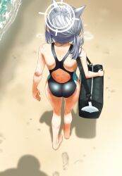Rule 34 | 1girl, animal ears, ass, bag, bare shoulders, barefoot, beach, black one-piece swimsuit, blue archive, competition swimsuit, day, extra ears, footprints, from above, from behind, grey hair, halo, highleg, highleg swimsuit, medium hair, mikawaya, multicolored clothes, multicolored swimsuit, official alternate costume, one-piece swimsuit, outdoors, ponytail, sand, school bag, shadow, shiroko (blue archive), shiroko (swimsuit) (blue archive), solo focus, swimsuit, water, wet