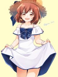 Rule 34 | 1girl, anchor symbol, beige background, brown eyes, brown hair, commentary request, cowboy shot, dress, hat, highres, kantai collection, one-hour drawing challenge, open mouth, round teeth, sashimi (hitocelll), short hair, skirt hold, smile, solo, speaking tube headset, standing, straw hat, sun hat, teeth, twitter username, upper teeth only, white dress, yukikaze (kancolle)