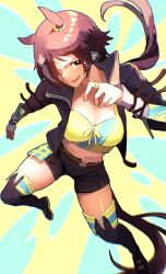 Rule 34 | 1girl, absurdres, animal ears, aqua background, belt, black footwear, black jacket, black shorts, boots, breasts, brown belt, brown eyes, brown hair, cleavage, commentary, cropped shirt, ear ornament, full body, hair ornament, hair over one eye, highres, horse ears, horse girl, horse tail, jacket, jewelry, long hair, long sleeves, looking at viewer, medium breasts, midriff, multicolored hair, navel, open clothes, open jacket, ring, sarabure, shirt, shorts, simple background, solo, streaked hair, tail, thigh boots, two-tone background, umamusume, vodka (umamusume), white hair, yellow background, yellow shirt