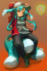 Rule 34 | 1girl, animal ears, ankle boots, aqua hair, arms behind head, arms up, bad id, bad pixiv id, baseball cap, boots, carbuncle (final fantasy), facial mark, female focus, final fantasy, forehead mark, full body, gradient background, hat, hood, hoodie, jacket, katsuma (perestronica), long hair, personification, red eyes, sitting, solo, tail, tokoya