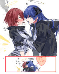 Rule 34 | 2girls, absurdres, arknights, black coat, black gloves, black halo, black jacket, blue eyes, blue hair, blue tongue, coat, colored tongue, commentary request, dark halo, demon horns, embarrassed, energy wings, exusiai (arknights), eye contact, food in mouth, fur-trimmed coat, fur trim, gloves, halo, hands on another&#039;s arms, highres, hood, hooded coat, horns, jacket, long hair, long sleeves, looking at another, mostima (arknights), multicolored clothes, multicolored jacket, multiple girls, na tarapisu153, red eyes, red hair, sharing food, short hair, short sleeves, speech bubble, sweat, translation request, two-tone jacket, white jacket, yellow halo, yuri