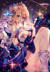 Rule 34 | 1girl, ass, bare shoulders, blonde hair, blue eyes, blue ribbon, blush, breasts, cleavage, constellation, dress, europa (granblue fantasy), flower, granblue fantasy, hair between eyes, hair flower, hair ornament, highres, homaderi, knees up, large breasts, looking at viewer, parted lips, ribbon, short dress, short hair, smile, solo, sparkle, star (sky), thighs, tiara, white dress