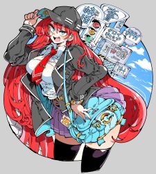 Rule 34 | 1girl, bag, baseball cap, black hat, black jacket, black thighhighs, blazer, blue eyes, breasts, cellphone, chain-link fence, collared shirt, commission, fence, hat, jacket, kafun, kanji, katakana, lapels, large breasts, long hair, looking at viewer, necktie, open clothes, open jacket, open mouth, phone, pleated skirt, purple skirt, red hair, red necktie, school bag, school uniform, shirt, sign, skeb commission, skirt, sky, smile, solo, thighhighs, town, very long hair, white shirt