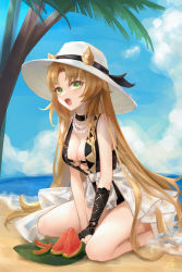 Rule 34 | 1girl, animal ears, arknights, beach, between legs, black choker, black gloves, black one-piece swimsuit, blue sky, blush, breasts, chinese commentary, choker, cleavage, clothes around waist, cloud, commentary request, ears through headwear, food, fruit, gloves, green eyes, hand between legs, hat, highres, jewelry, liu liaoliao, looking at viewer, necklace, official alternate costume, one-piece swimsuit, open mouth, outdoors, palm tree, pearl necklace, sand, seiza, shirt, shirt around waist, sideboob, single glove, sitting, sky, solo, sun hat, swimsuit, swire (arknights), tiger ears, tree, water, watermelon, white hat, white shirt