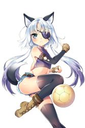 Rule 34 | 1girl, animal ears, ball, black thighhighs, blue shorts, boots, brown footwear, cat ears, clenched hands, denim, denim shorts, eyepatch, fingerless gloves, flat chest, frown, gloves, grey eyes, highres, long hair, looking at viewer, manle, shairan (soccer spirits), short shorts, shorts, soccer ball, soccer spirits, solo, standing, standing on one leg, tail, thighhighs, transparent background, twintails, white hair