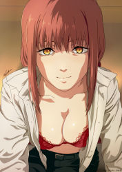 Rule 34 | 1girl, anime coloring, belt, bra, breasts, chainsaw man, cleavage, highres, long hair, looking at viewer, makima (chainsaw man), medium breasts, nolia, open clothes, open shirt, orange eyes, red bra, red hair, shirt, sidelocks, signature, smile, solo, underwear, white shirt