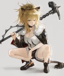 Rule 34 | 1girl, animal ear fluff, animal ears, arknights, bad anatomy, black choker, black footwear, black jacket, black nails, black shorts, blonde hair, breasts, candy, cat ears, choker, cleavage, female focus, food, frown, full body, fur trim, grey background, hammer, highres, holding, holding hammer, holding weapon, jacket, lion tail, lollipop, long hair, looking at viewer, medium breasts, nail polish, over shoulder, short shorts, shorts, siege (arknights), simple background, solo, sonchi, squatting, studded choker, tail, weapon