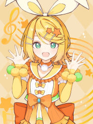 Rule 34 | 1girl, back bow, blonde hair, blush, bow, choker, cidre db, collarbone, detached sleeves, flipped hair, frilled sailor collar, frilled shirt, frilled sleeves, frills, green eyes, green pom poms, hair bow, hair ornament, hands up, highres, kagamine rin, looking at viewer, medium hair, open mouth, orange background, orange bow, orange choker, outstretched hand, pom pom (clothes), project sekai, sailor collar, shirt, sleeveless, sleeveless shirt, sleeves past wrists, smile, solo, sparkle, star (symbol), star hair ornament, swept bangs, two-tone choker, upper body, vocaloid, white bow, white choker, white pom poms, yellow bow, yellow pom poms, yellow sailor collar, yellow sleeves